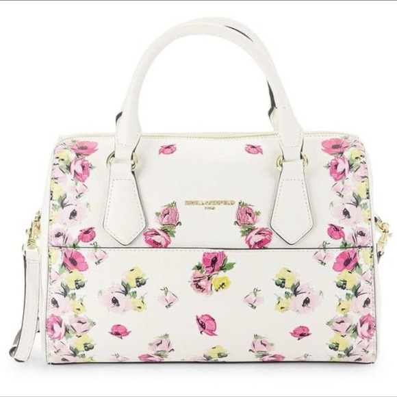 Karl Lagerfeld  Leather Satchel Floral White Handbag Crossbody Convertible NWT - Picture 1 of 8